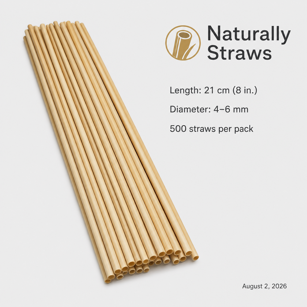 Naturally Straws 8-inch natural wheat straw — fancy packaging cylinder of 500