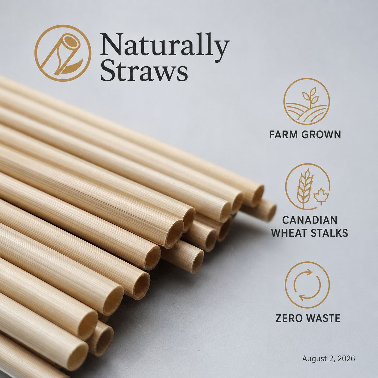 Naturally Straws 8-inch farm-grown wheat drinking straw — bulk wholesale packaging
