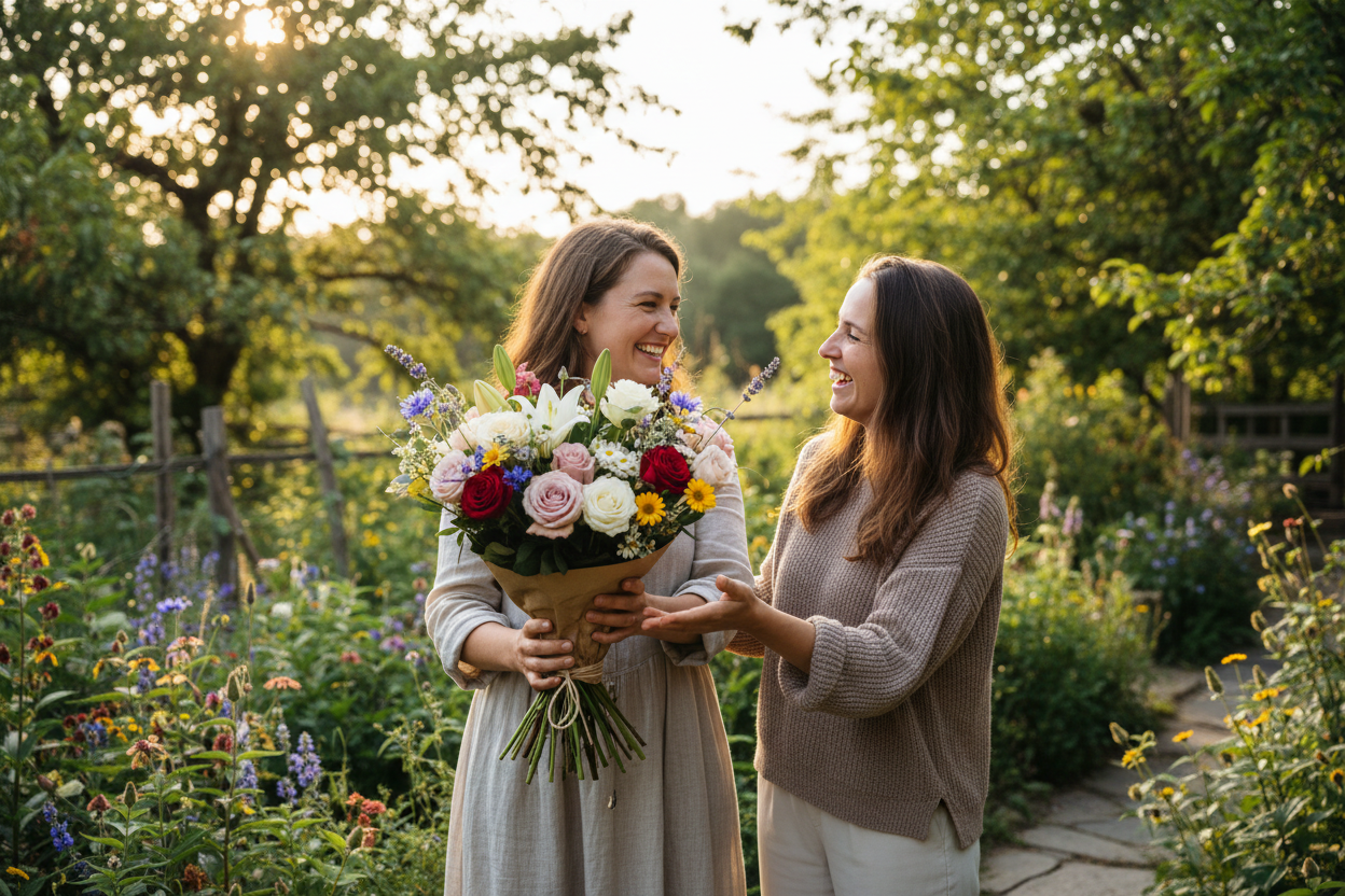 a woman getting beautiful flowers from a friend
