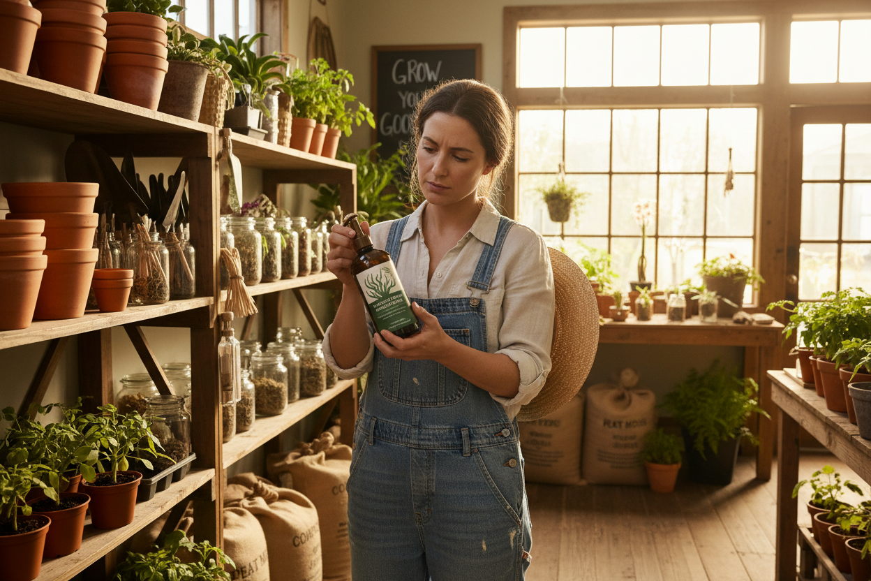 an image of a women looking at buying our seaweed spray at a garden shop