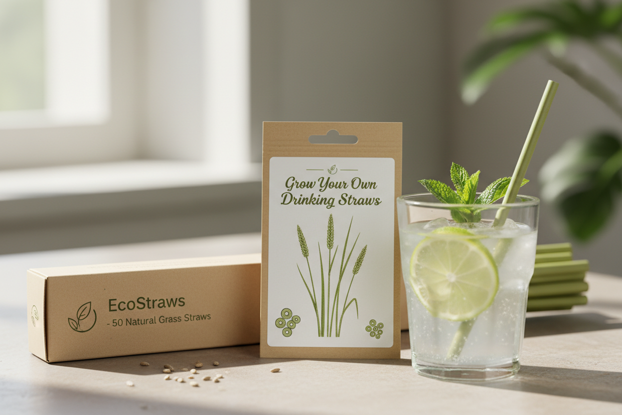 GROW YOUR OWN DRINKING STRAWS IN A SEED PACKET IN A BOX OF 50 WITH A DRINK WITH A GRASS STRAW