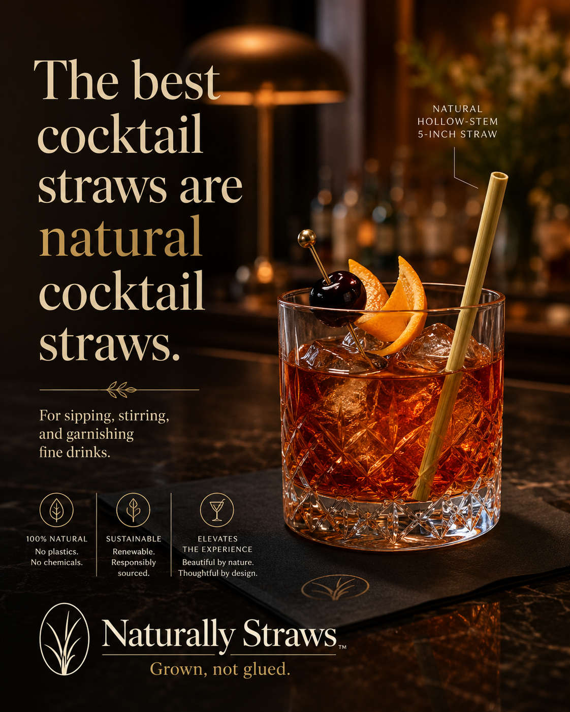 The best cocktail straws are natural cocktail straws — Naturally Straws 5-inch hollow stem straw in an Old Fashioned