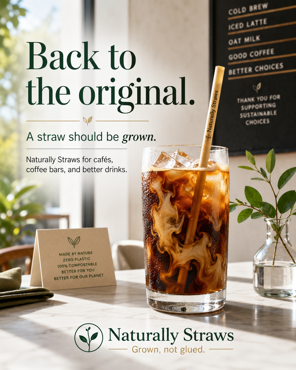Back to the original — Naturally Straws 8-inch straw in an iced cold brew at a specialty café