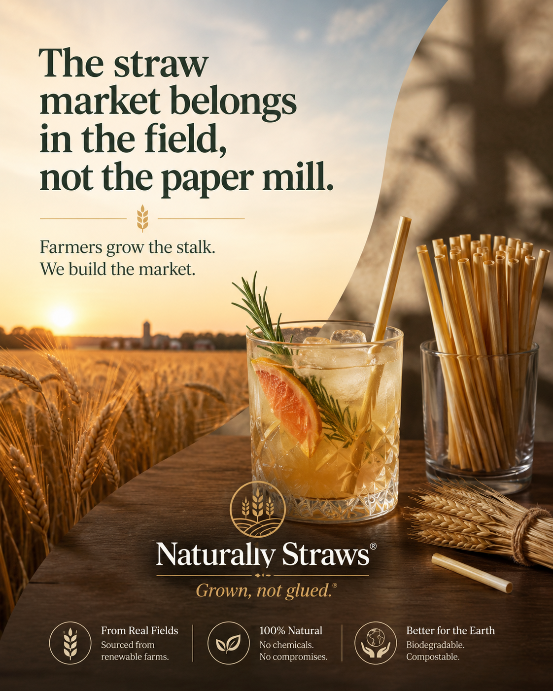 The straw market belongs in the field, not the paper mill — Naturally Straws wheat field sunset with rocks glass