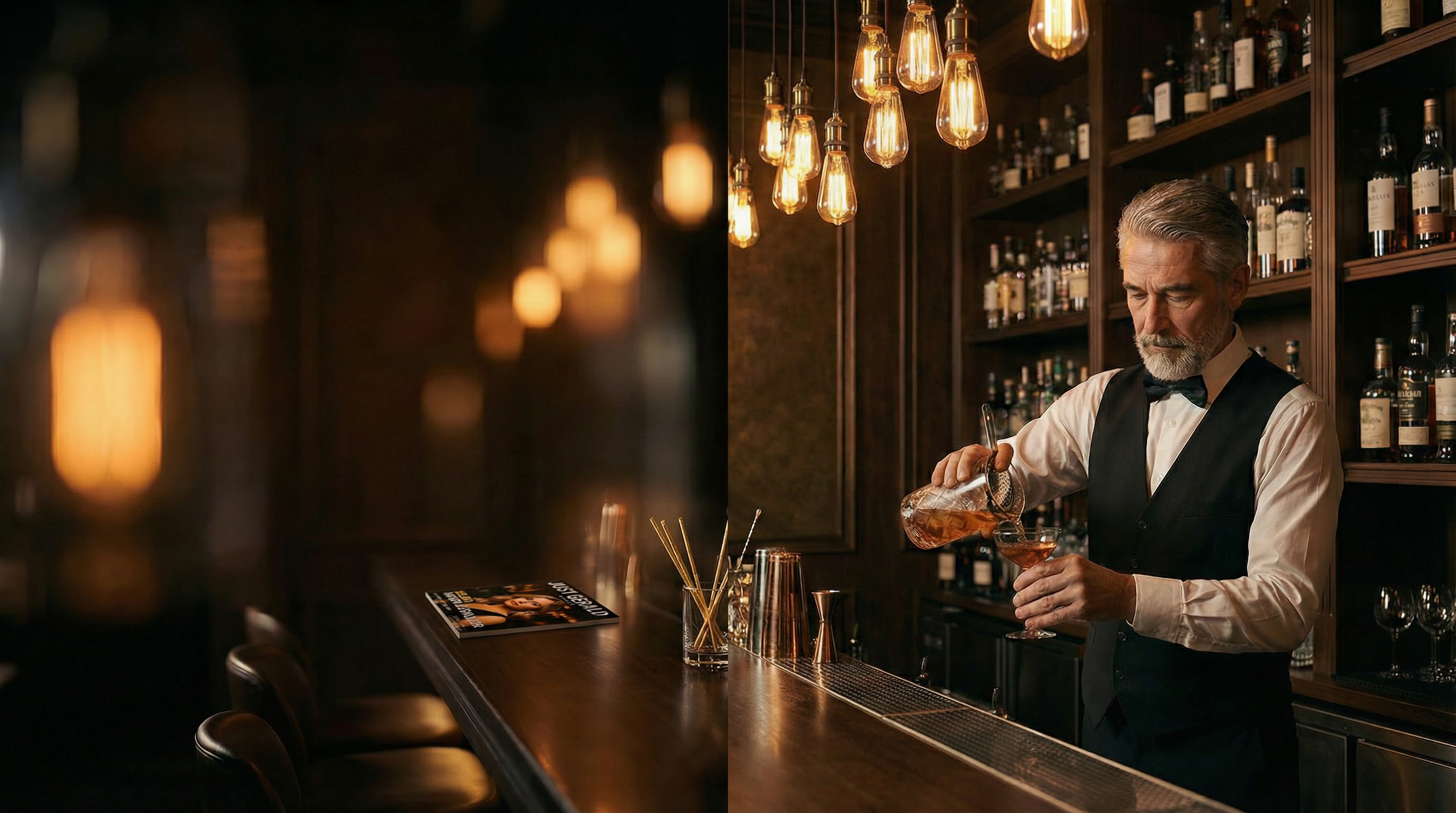 Premium bartender pouring cocktail at a dark upscale bar — Naturally Straws by Shaffer Farms